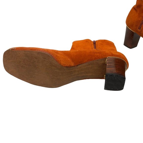 SOLD Vintage 60s Retro Burnt Orange Suede Leather Square Toe Chunky Heel Boots - Picture 11 of 12